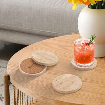 WORHE Marble Coaster for Drinks 4" Diameter Set of 4 Round Travertine Coasters for Home Decor Office Parties Birthday Housewarming Gift, Protect Countertops from Dirty,Sturdy and Tough Beige (BD140)