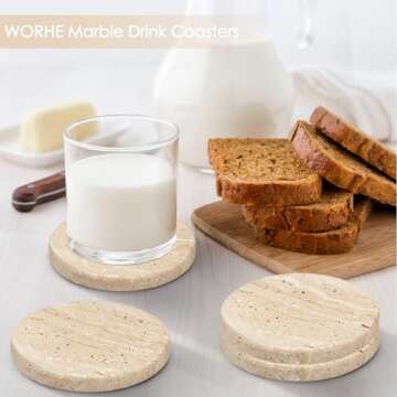 WORHE Marble Coaster for Drinks 4" Diameter Set of 4 Round Travertine Coasters for Home Decor Office Parties Birthday Housewarming Gift, Protect Countertops from Dirty,Sturdy and Tough Beige (BD140)