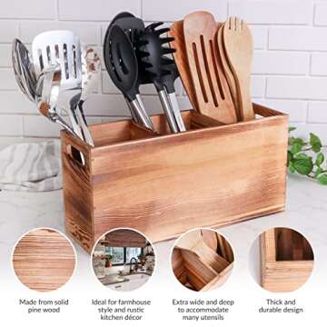 CB Accessories Utensil Holder in Rustic Wood for Kitchen Countertop Organizer and Cooking Tools Storage (Triple Compartment)