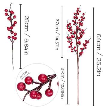 GREENTIME 6 Pack Red Artificial Long Berry Stems Fake 25.2" Christmas Picks Faux Holly Berries Branches for Christmas Wreath Vase Holiday Home Decor