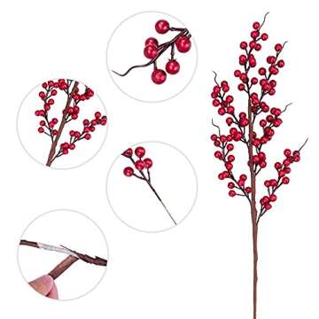 GREENTIME 6 Pack Red Artificial Long Berry Stems Fake 25.2" Christmas Picks Faux Holly Berries Branches for Christmas Wreath Vase Holiday Home Decor