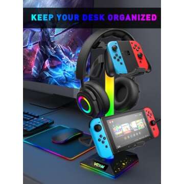 VCOM RGB Gaming Headphones Stand with 2 USB and 1 Type-C Ports, Headset Stand with 10 Light Modes and Non-Slip Rubber,Suitable for All Earphone Accessories, Best Gift for Desk Gamers