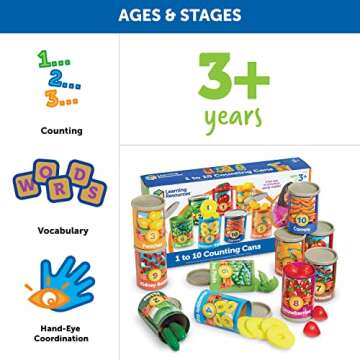 Learning Resources One To Ten Counting Cans - 65 Pieces, Ages 3+ Toddler Learning Toys, Preschool Pretend Play Toys, Supermarket Toys