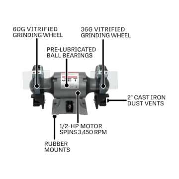 JET 8-Inch Bench Grinder, 3450 RPM, 1/2 HP, 120V 1Ph (Model JBG-8A)