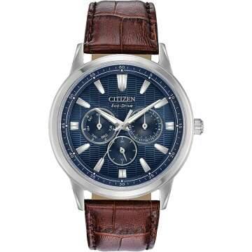 Citizen Men's Eco-Drive Corso Classic Watch in Stainless Steel with Brown Leather strap, Blue Dial (Model: BU2070-12L)