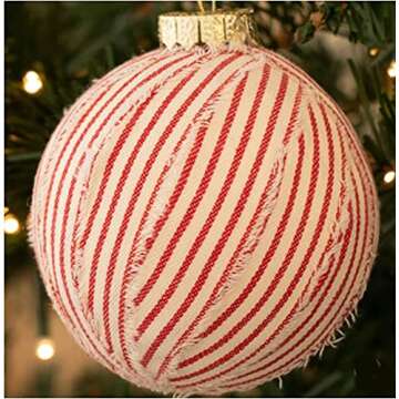 HAPPY DEALS ~ Farmhouse Stripe Ticking Ball Christmas Ornaments (6 pc Farmhouse Ticking Red White- 3 1/8 inch)