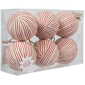 HAPPY DEALS ~ Farmhouse Stripe Ticking Ball Christmas Ornaments (6 pc Farmhouse Ticking Red White- 3 1/8 inch)