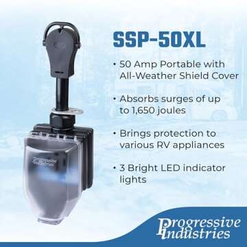 Progressive Industries Portable RV Surge Protector, 50 Amp with All Weather Shield Assembly and Fault Detection - SSP-50XL