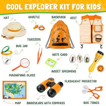 Loscola Explorer Kit & Bug Catcher Kit, 15 PCS with Kids Safari Vest, Flashlight Projector, Insect Specimens, Binoculars, Outdoor Exploration Camping Toy for Ages 3-8