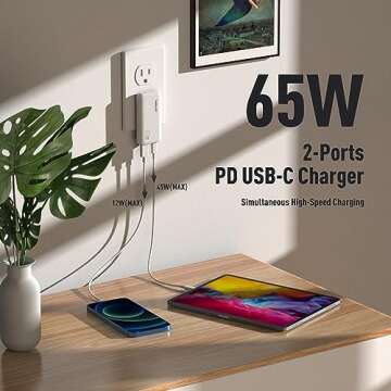 Ultra Thin 65W USB C Charger, Foldable for Travel, Flat Dual Port with PD 3.0 & GaN Tech for Laptops, MacBook, iPad Pro, iPhone 13/13 Pro, iPad Pro,S22, Galaxy Book, LG Gram, XPS, Pixel