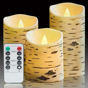 Flameless Birch Bark LED Candles with Remote Timer - 3 Pack