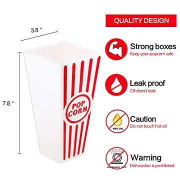 Novelty Place Plastic Red White Striped Classic Popcorn Containers for Movie Night - 7.8 inch Tall x 3.8 inch Square (4 Pack)