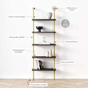 Nathan James Theo 5-Shelf Modern Bookcase, Open Wall Mount Ladder Bookshelf with Industrial Metal Frame, Dark Oak/Gold