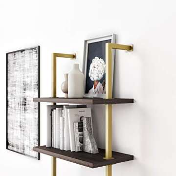 Nathan James Theo 5-Shelf Modern Bookcase, Open Wall Mount Ladder Bookshelf with Industrial Metal Frame, Dark Oak/Gold