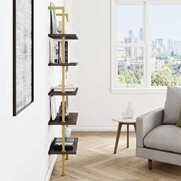 Nathan James Theo 5-Shelf Modern Bookcase, Open Wall Mount Ladder Bookshelf with Industrial Metal Frame, Dark Oak/Gold