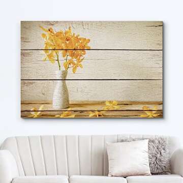 wall26 Canvas Print Wall Art Yellow Flowers in Vase on Retro Wood Panels Nature Floral Illustrations Modern Art Rustic Scenic Relax/Calm Multicolor for Living Room, Bedroom, Office - 24"x36"