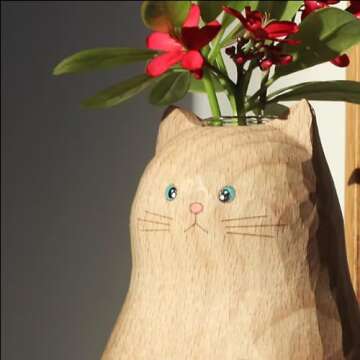 Cat Vase Handmade Wooden Vase, Home Decor Small Vases,Solid Wood Cat Statue Holding Heart Shaped,Modern Creative Cat Decor