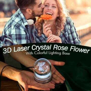 IFOLAINA Rose Flower Crystal Ball with LED Base I Love You Gifts for Her Girlfriend Rose Night Light Decorative Etched Glass Globes 3D Crystal Rose Sphere Present Rose Gifts for Wife Birthday