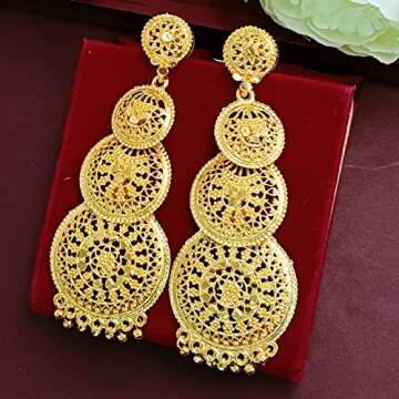 Efulgenz Indian Earrings for Women Indian Jewelry Traditional Gold Tone Round Layered Big Dangle Earrings Set for Women Bollywood Earrings