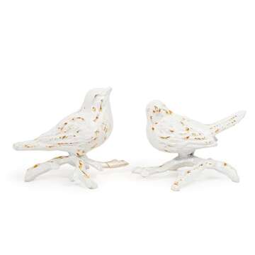 Sungmor Cast Iron Small Bird Statues, Set of 2 Antique White Bird with Branch Collectible Figurines, Farmhouse Home Garden Decorative Bird Sculpture, Realistic Indoor and Outdoor Ornaments