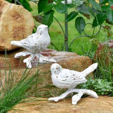 Sungmor Cast Iron Small Bird Statues, Set of 2 Antique White Bird with Branch Collectible Figurines, Farmhouse Home Garden Decorative Bird Sculpture, Realistic Indoor and Outdoor Ornaments