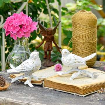 Sungmor Cast Iron Small Bird Statues, Set of 2 Antique White Bird with Branch Collectible Figurines, Farmhouse Home Garden Decorative Bird Sculpture, Realistic Indoor and Outdoor Ornaments