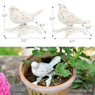 Sungmor Cast Iron Small Bird Statues, Set of 2 Antique White Bird with Branch Collectible Figurines, Farmhouse Home Garden Decorative Bird Sculpture, Realistic Indoor and Outdoor Ornaments