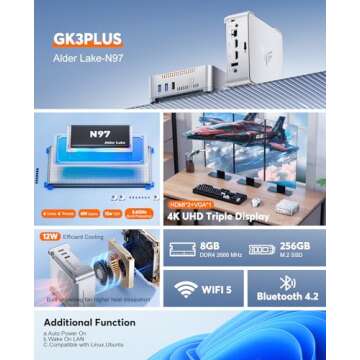 KAMRUI GK3Plus Mini PC, 12th Gen Alder Lake- N97(up to 3.6GHz), 8GB DDR4 RAM 256GB M.2 SSD, Mini Computer Support 4K Display/USB3.0/WiFi 5/BT4.2/Gigabit Ethernet Mini PC Home/Office