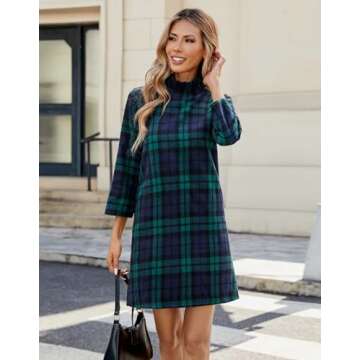 YEXPINE Women's Fall Plaid Dress Bow Tie Long Sleeve Wool Dresses Casual Elegant Formal Shift Mini Dress with Pockets Green