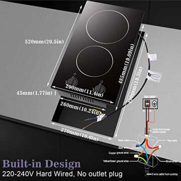2 Burner Electric Cooktop, Noxton 12 inch Built-in Electric Stove Top, 3000W 220-240v Ceramic Cooktop with Knob Control 9 Heating Level, Hot Warning, Hardwired, No plug