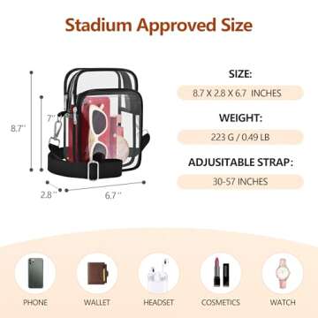 Clear Bag for Stadium Events, Small Clear Purse with Removable Strap, Clear Stadium Bag for Sports Work Concert - Black