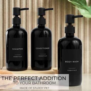 Stylish Shampoo and Conditioner Dispenser Set of 3 - Modern 21oz Shower Soap Bottles with Pump and Labels - Easy to Refill Body Wash Dispensers for an Instant Bathroom Decor Upgrade - Black