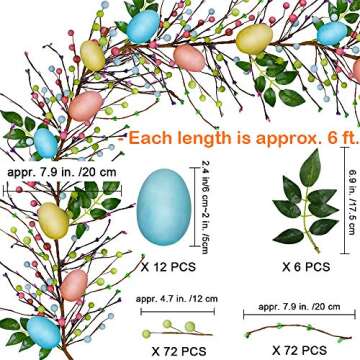 Winlyn 6 FT Long Artificial Easter Egg and Mixed Berry Garland Hanging Rustic Spring Garland Pastel Easter Garland Vine String for Easter Springtime Seasonal Decoration Wreath Making