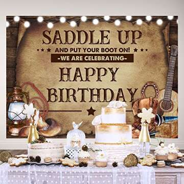 Ticuenicoa 7×5ft Cowboy Birthday Backdrop Saddle Up and Put Your Boot On We are Celebrating Happy Birthday Background Boys Rustic Wooden Barrel Cactus Cowboy Western Hat Banner Decorations