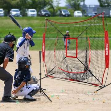 ZENY 7'×7' Baseball Softball Practice Net w/Strike Zone Hitting Batting Catching Pitching Training Net w/Carry Bag & Metal Bow Frame, Backstop Screen Baseball Equipment Training Aids