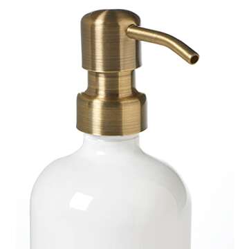 White Soap Dispenser with Antiqued Brass Pump - 16oz Glass Bottle Dispenser for Liquid Soap, Lotion or Shampoo by Industrial Rewind (White/Brass)