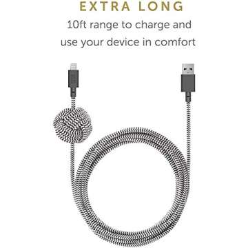 Native Union Night Cable - 10ft Ultra-Strong Reinforced [MFi Certified] Durable Lightning to USB-A Charging Cable with Weighted Knot Compatible with for iPhone 14, iPhone 13 and Earlier (Zebra)