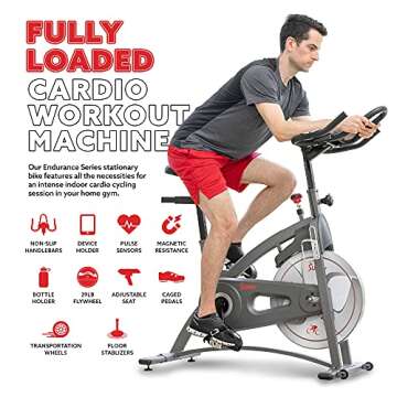 Sunny Health & Fitness Indoor Cycling Exercise Bike w/4-Way Adjustable Seat & Pulse Sensors, Home Cardio Training Equipment w/Micro-Adjustable Magnetic Resistance, Optional 29, 30, 40 Pound Flywheel