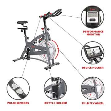 Sunny Health & Fitness Indoor Cycling Exercise Bike w/4-Way Adjustable Seat & Pulse Sensors, Home Cardio Training Equipment w/Micro-Adjustable Magnetic Resistance, Optional 29, 30, 40 Pound Flywheel