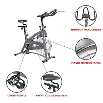 Sunny Health & Fitness Indoor Cycling Exercise Bike w/4-Way Adjustable Seat & Pulse Sensors, Home Cardio Training Equipment w/Micro-Adjustable Magnetic Resistance, Optional 29, 30, 40 Pound Flywheel