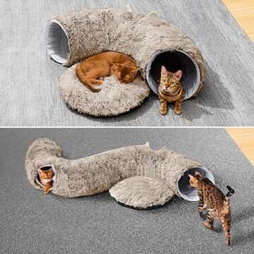 Cat Tunnel with Cat Bed for Indoor Cats, Soft Plush Peekaboo Cat Cave Donut Tunnel, Multifunctional Cat Playground Toys Hideplace for Small Medium Large Cats, Kittens, Rabbit, Ferret, Brown