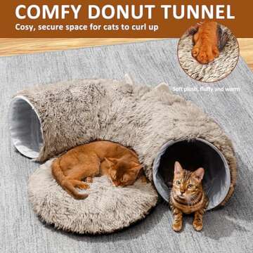 Cat Tunnel with Cat Bed for Indoor Cats, Soft Plush Peekaboo Cat Cave Donut Tunnel, Multifunctional Cat Playground Toys Hideplace for Small Medium Large Cats, Kittens, Rabbit, Ferret, Brown