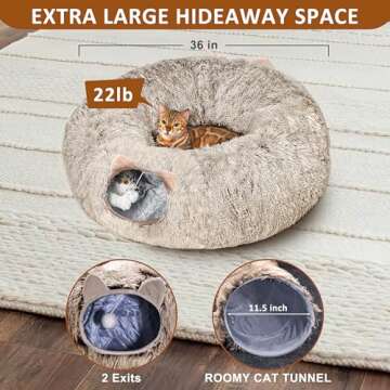 Cat Tunnel with Cat Bed for Indoor Cats, Soft Plush Peekaboo Cat Cave Donut Tunnel, Multifunctional Cat Playground Toys Hideplace for Small Medium Large Cats, Kittens, Rabbit, Ferret, Brown