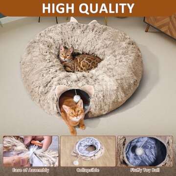 Cat Tunnel with Cat Bed for Indoor Cats, Soft Plush Peekaboo Cat Cave Donut Tunnel, Multifunctional Cat Playground Toys Hideplace for Small Medium Large Cats, Kittens, Rabbit, Ferret, Brown