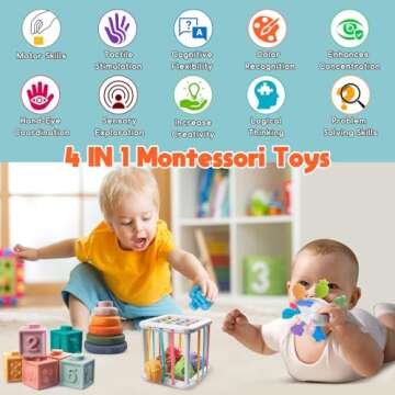 Wuzhineisn Montessori Baby Toys for Ages 6-18 Months - Pull String Teether, Stacking Blocks, Sensory Shapes Storage Bin, Infant Bath Time Fun, 4 in 1 Toddlers Toy Gifts for 1 2 3 Year Old Boys Girls