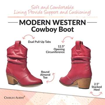 Charles Albert Modern Western Cowboy Boots for Women Ladies Stacked Heel Ankle Cowgirl Boots with Pull-Up Tabs in Red Size 7