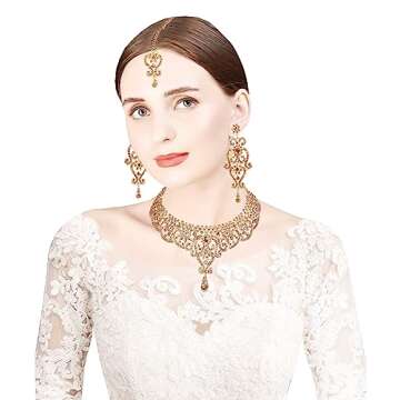 Touchstone NEW Indian Bollywood Fine Filigree Studded Look Sparkling Yellow Rhinestone Grand Bridal Jewelry Necklace Set In Gold Tone For Women.