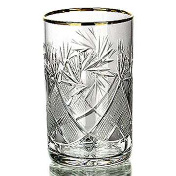 HomeHut Russian Cut Crystal Tea Glass for Hot & Cold Beverages (8.5 oz), 24K Gold Rimmed Glassware fits Metal Holder Podstakannik, Vintage Soviet USSR (2)