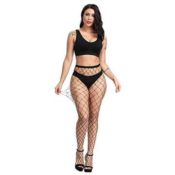 Pareberry Women's High Waisted Fishnet Tights Sexy Wide Mesh Fishnet Stockings (Black(Big Hole))