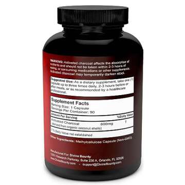 Divine Bounty Organic Activated Charcoal Capsules - 600mg Coconut Charcoal Pills - 90 Veggie Caps